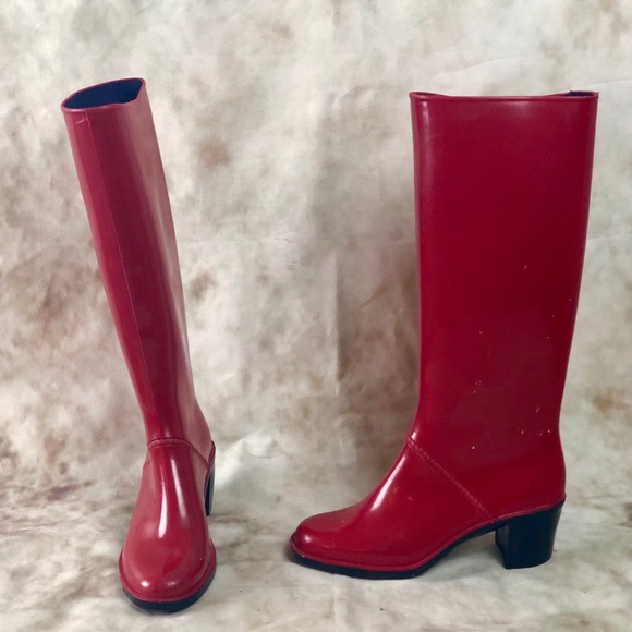 Shoes - Red and Black Heeled Rain Boots